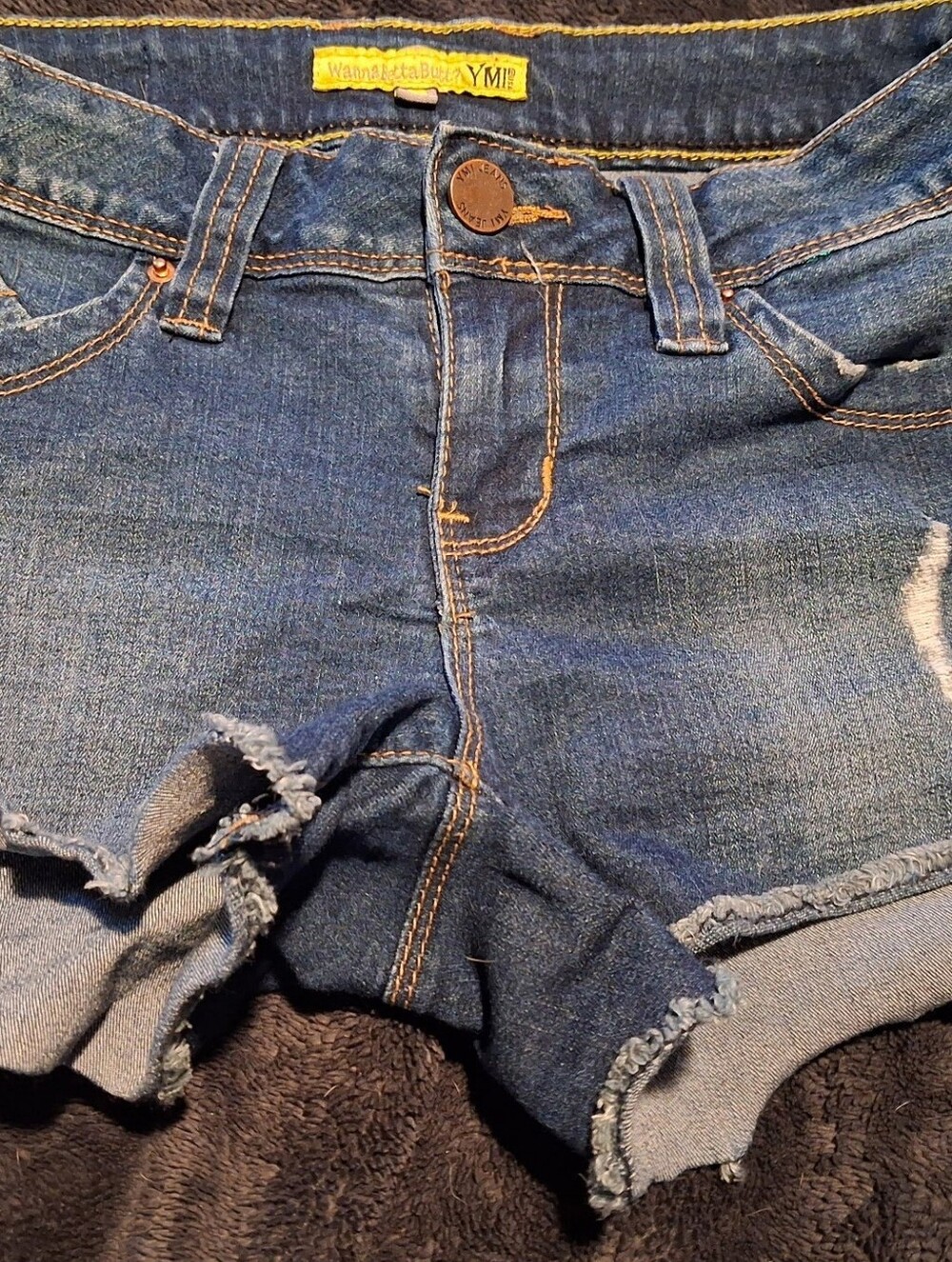 YMI Women's Dark Blue Frayed-Hem Denim Shorts